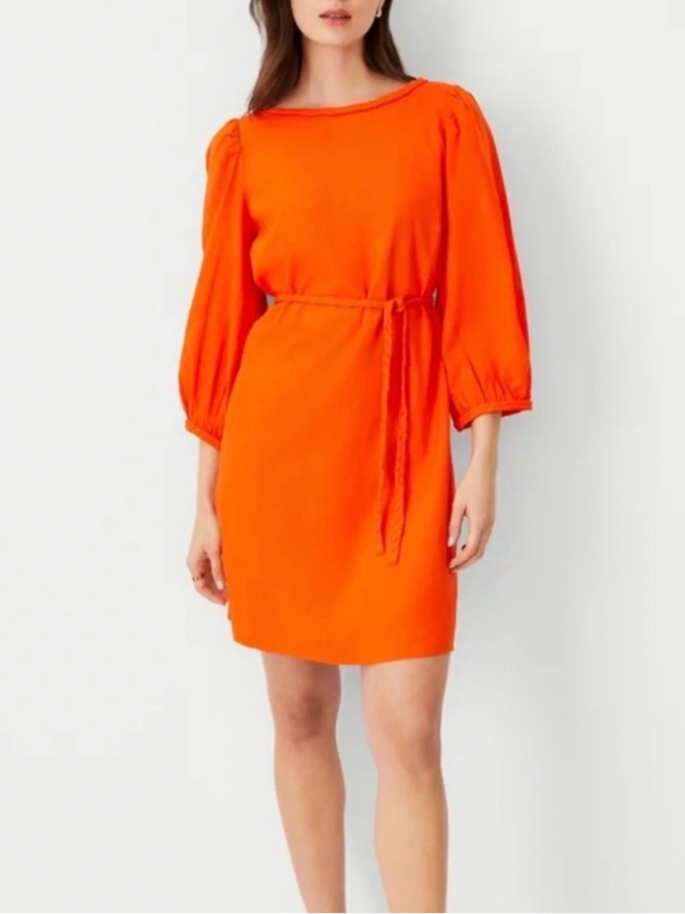 Ann Taylor Bright Orange Belted Puff-Sleeve Mini Dress